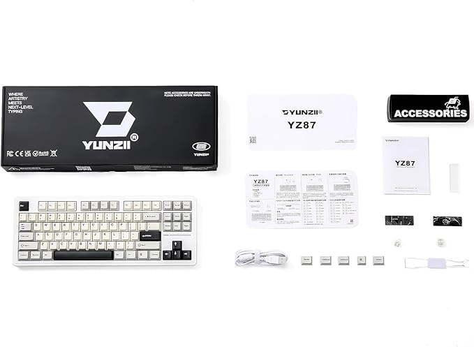 YUNZII YZ87 Gasket Mechanical Keyboard,TKL Wireless Hot Swappable with 5-Layer Padding, BT5.0/2.4G/USB-C NKRO RGB Backlit for Win/Mac(White, Milk Switch)