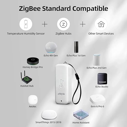 eMylo Zigbee Temperature and Humidity Sensor, IP65 Indoor Outdoor Thermometer Hygrometer for Home Automation, Hub Required, Compatible with Echo Devices with Zigbee Hub Built-in, Home Assistant,Homey