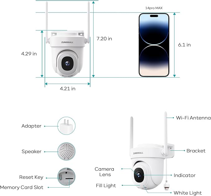 ZUMIMALL 2.5K Wired Cameras for Home Security, 2.4G/5G WiFi Outdoor Camera, 5MP, 24/7 Recording, AI Motion Detection,Cloud & SD Card Storage, 2-Way Audio, 360° PTZ Auto Tracking, Alexa Compatible