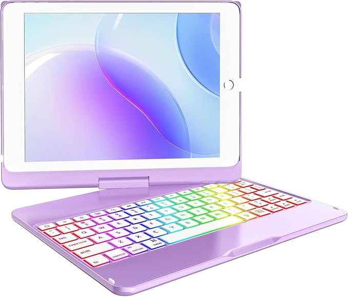 MMK iPad Keyboard Case for iPad 6th Gen 2018, iPad 5th Gen 2017, iPad Pro 9.7, iPad Air 2, iPad Air 1, Backlit 10 Color 360 Screen Rotation iPad Case with Keyboard, Auto Sleep/Wake (Purple)