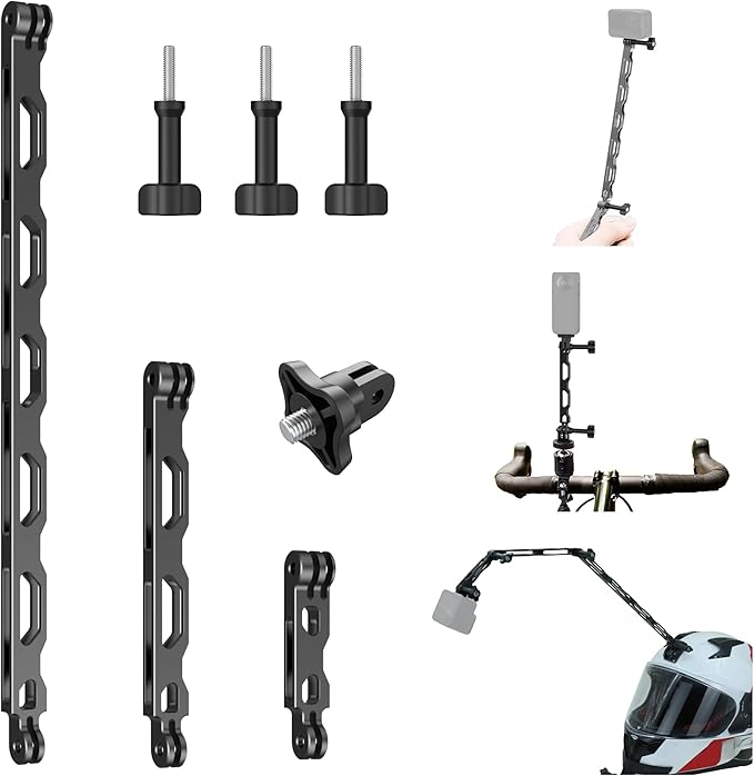 3-in-1 Aluminum Extension Arms for GoPro Hero 13/12/11/10/9/8/7, Universal Extension Bar for Insta360 X5/X4/X3/ONE RS and DJI Action Cameras with Thumb Screws and 1/4” Adapter
