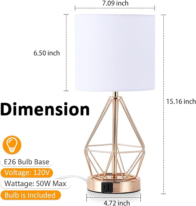 Table Lamp with USB Port, 3 Way Dimmable Touch Lamps for Nightstand, Modern Small Bedside Lamp with Fabric Shade, Gold Side Table Lamp for Bedroom Living Room, USB A & C, LED Bulb Included
