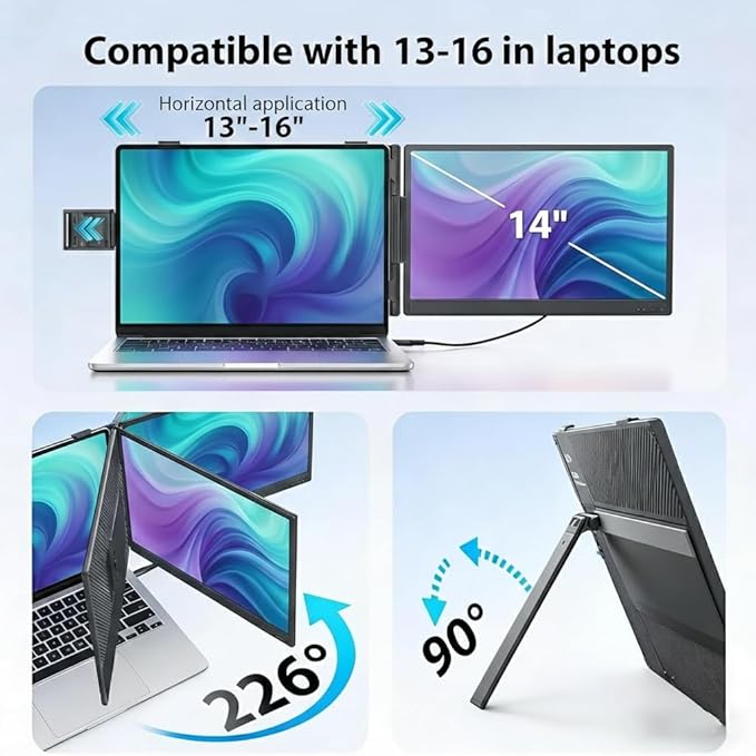 Leudaich 14'' Laptop Dual Screen Extender, 1080P FHD IPS Portable Monitor with Speaker, Ultra-Slim Travel Monitor for 13''-16'' Laptops, Compatible with MacOS, Windows, Android