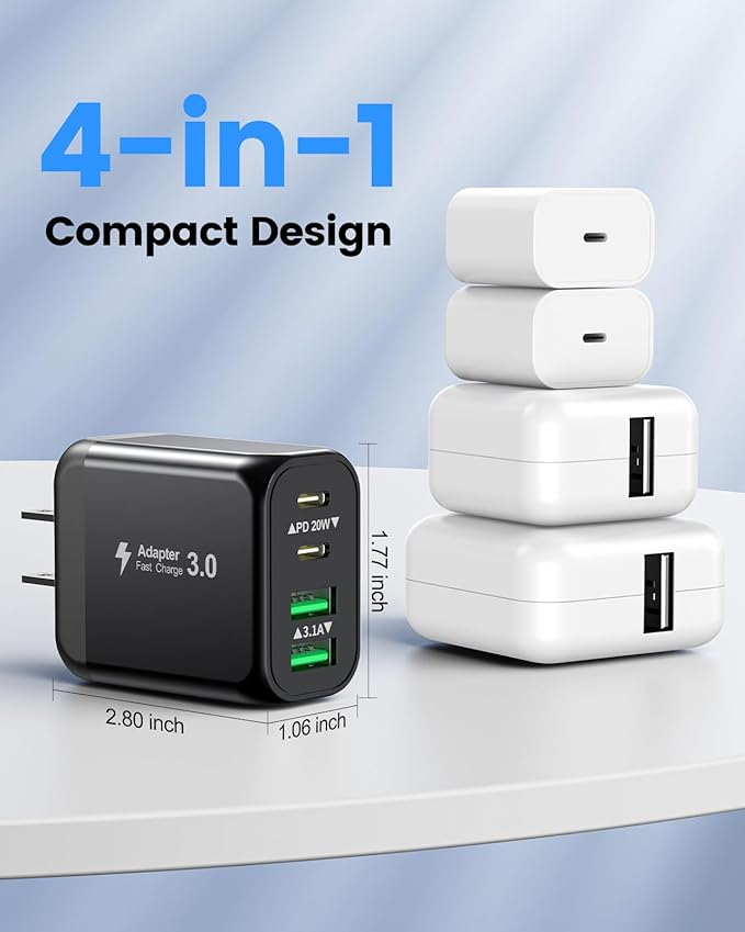 40W USB C Charger Block, 2-Pack 4-Port Fast Charging Block Power Adapter, Dual PD & QC Type-C Multiport Wall Charger for iPhone 17 16 15 14 13 12 11 Pro Max, Samsung, Tablets