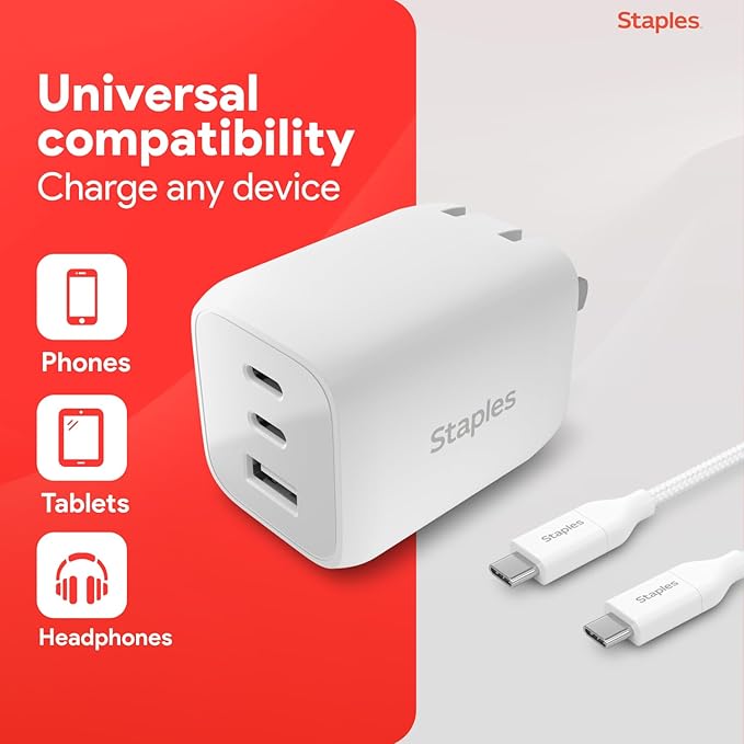 Staples TECH GaN Wall Charger, 65W – USB‑A & USB‑C Fast Charging, Includes Charging Cable, Compact Power Adapter for iPhone, Samsung, iPad & USB‑C Devices