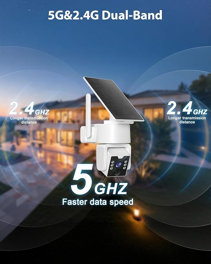 5G & 2.4G Wi-Fi Outdoor Camera Wireless,Solar Security Cameras Wireless Outdoor, 2K 360° PTZ Camera, Solar/Battery Powered, PIR Human Detection, Color Night Vision,Two-Way Voice Calling, Alexa
