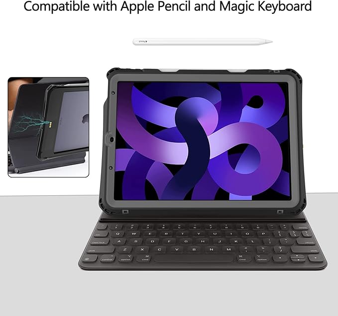 Waterproof Case Compatible with iPad Air 11inch (M2)/5th/4th Gen 10.9inch, Full Body Protective Case with Screen Protector, Pencil Holder, Kickstand, Strap, Shockproof, Dustproof Cover Black