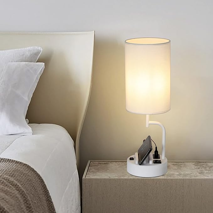 Dreamholder Table Lamp with 3 USB Charging Ports, Modern Desk Lamp with AC Outlet and Phone Stands, Perfect Bedside Lamp for Bedroom, Living Room, Office (Pack of 2), White