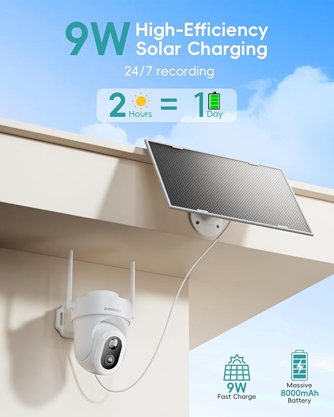 ZUMIMALL 9W Solar Security Cameras Wireless Outdoor, AOV 24/7 Recording Cameras for Home Security, 360° View, 2K Color Night Vision, 2-Way Talk, 2.4GHz WiFi, Auto Tracking, SD/Cloud/Alexa/AI (2-Pack)