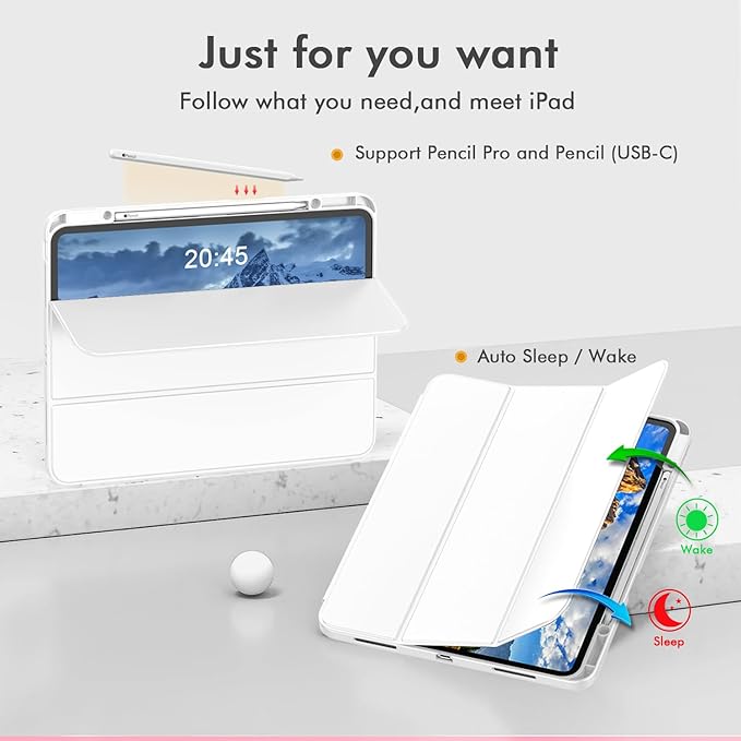 ZryXal New iPad Air 13 Inch Case M3 2025/M2 2024 with Pencil Holder, Trifold Stand Smart Case with Soft TPU Back,Auto Wake/Sleep(White)