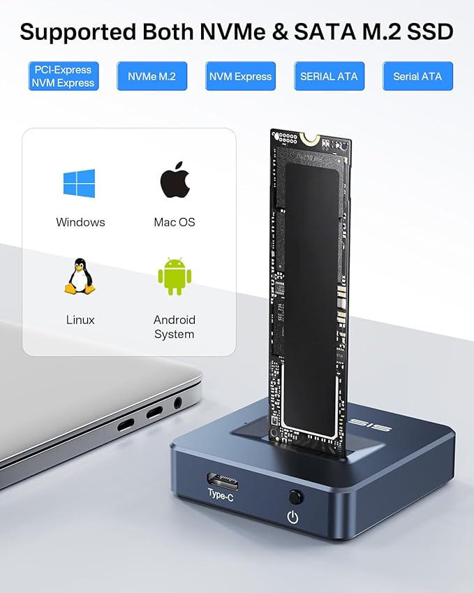 ACASIS NVME SSD Reader Adapter, Aluminium Alloy Housing Fast Heat Dissipation, NVME to USB Docking Station, M.2 SSD to USB Adapter 10Gbps, Support M.2 (M Key) NVMe SSD and (B+M Key) SATA-Based SSD