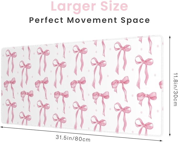 White Mouse Pad with Pink Bows, Cute Desk Mat Pink Keyboard Mat for Computer Laptop Non-Slip Rubber Base, Large Office Mat Kawaii Desktop Décor Accessories Office Supplies for Girls Women 31.5 x 11.8