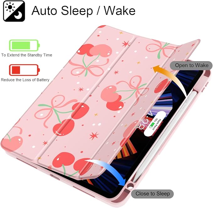 Tuiklol for iPad Pro 11 Inch 4th / 3rd / 2nd / 1st Gen (2022 2021 2020 2018) Case -Built-in Pencil Holder Shockproof Cover Clear Transparent Back Shell with Auto Wake/Sleep, Etro Cherry