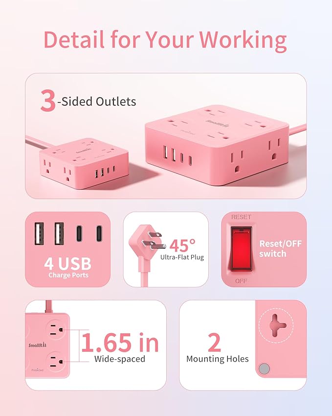 Power Strips with Surge Protection, SMALLRT Extension Cord with Multiple Outlets, 10FT Flat Plug Power Strip with USB Ports, 8 Outlets, Outlet Extender Surge Protector Outlet for Home Office, Pink