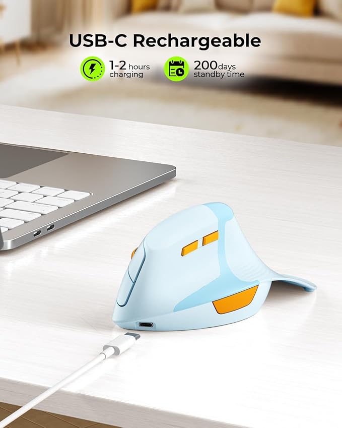 Seenda MOE302 Vertical Ergonomic Mouse with Palm Rest, Rechargeable Wireless Mouse for Wrist Pain Relief, One-Click Desktop Shortcut, Silent Click, 4 DPI, USB & Type-C Receiver, for Laptop & PC (Blue)