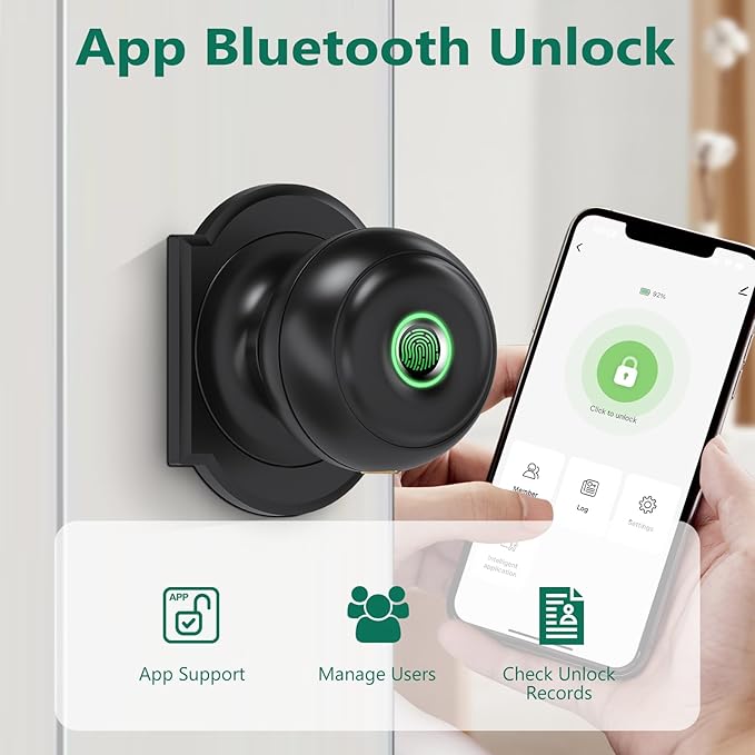 GeekTale Fingerprint Door Lock for Bedrooms, Fingerprint Door Knob with Lock, Smart Door Lock, App Control, Back-up Keys, Thumbprint Door Knob for Bedrooms, Office, Apartment