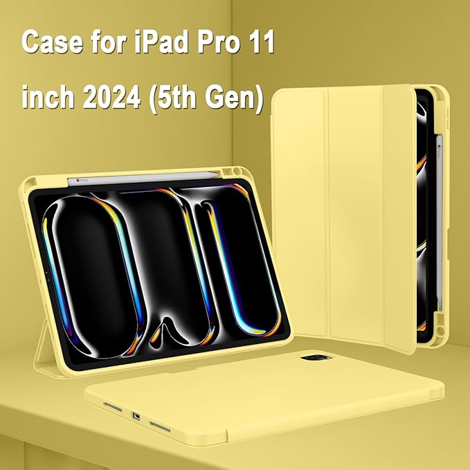 ZryXal iPad Pro 11 Inch Case (M5) 2025/ (M4) 2024 (Model: A2836/A2837/A3006), Trifold Stand Smart Cover with Pencil Holder and Soft TPU Back, Auto Wake/Sleep (Yellow)