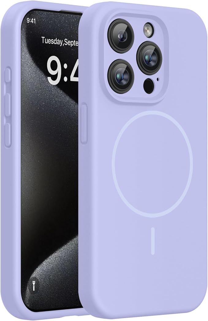 Miracase Magnetic for iPhone 15 Pro Case, [Soft Anti-Scratch Microfiber Lining], Magnetic for MagSafe, Liquid Silicone Shockproof Drop Protection Phone Case for 15 Pro, Light Purple