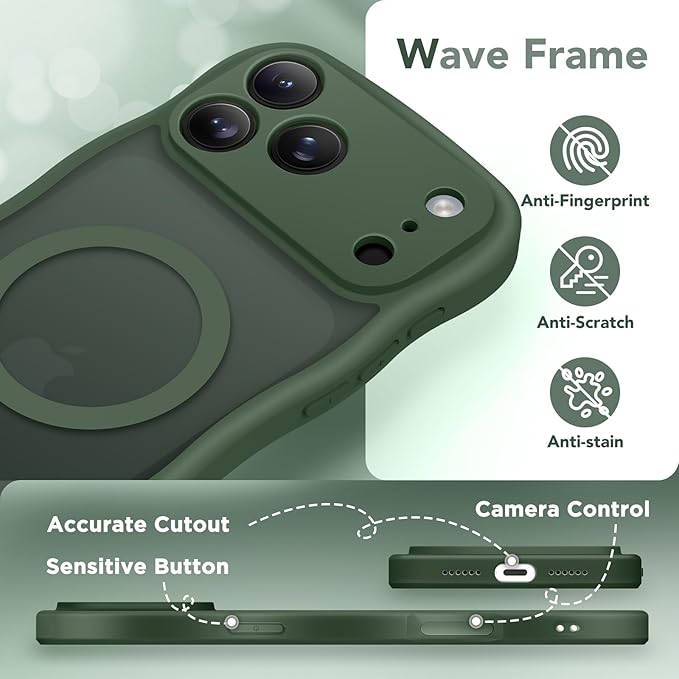 CAPRARO Magnetic for iPhone 17 Pro Max Case for Women Girls, Upgraded [Full Camera Protection] [Compatible with MagSafe] Cute Wave Translucent Matte Phone Case for iPhone 17 Pro Max, Deep Green