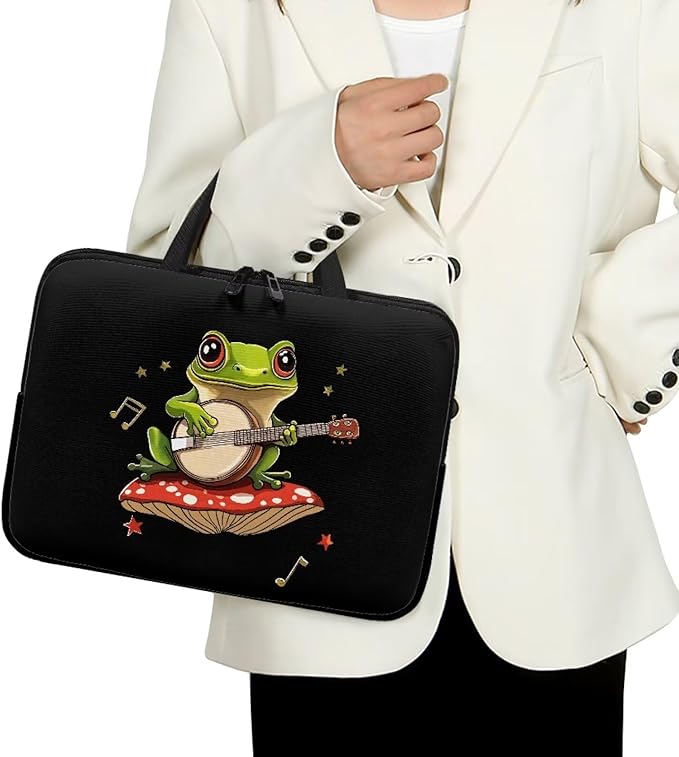 10 Inch Mushroom Frog Laptop Sleeve, Protective Tablet Case with Handle, Water Resistant Zipper Computer Carrying Bag Notebook Cover Messenger Briefcase for Travel/Business/School