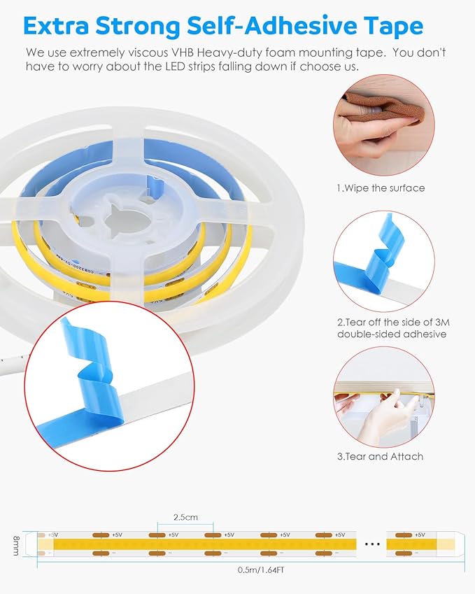 Aclorol DC 5V USB COB LED Strip Light 1.64FT/0.5M Dimmable LED Strip Light 3000K Warm White with 1.5M Long Power Cable Flexible for Bedroom Bedframe Headboard Kitchen Home DIY Lighting 320LEDs/M