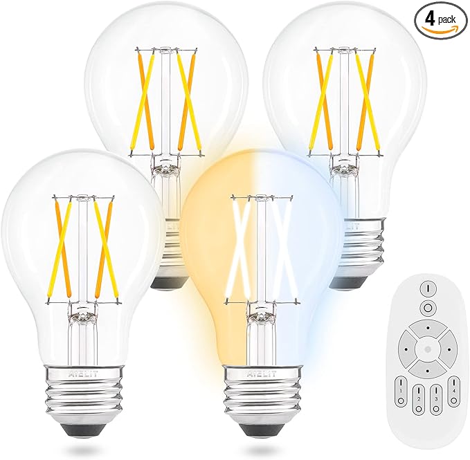 Remote Control Smart Edison A19 LED Light Bulbs- E26 Standard Base- Dimmable 4W(40W Equivalent)- Adjustable Color Temperature (2700K- 5000K)- No App or Wi-Fi Required- Remote Included- 4 Pack