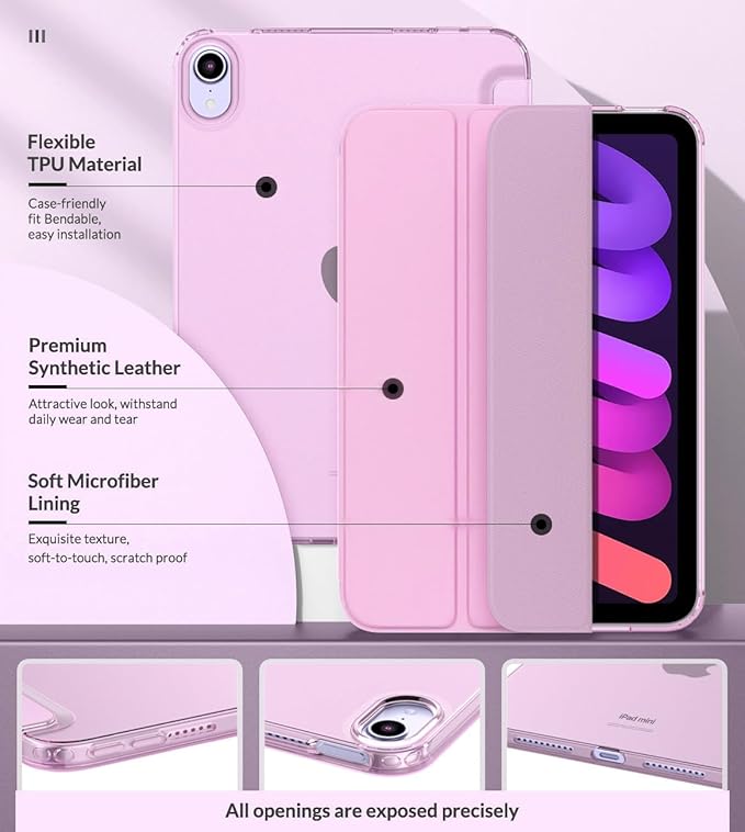 MoKo Case Fit New iPad mini 7 (A17 Pro) 2024, iPad mini 6th Generation Case 2021 (8.3-inch), iPad mini 6 Case, Soft TPU Translucent Frosted Back Cover Case for iPad mini 7th, Nosegay Pink