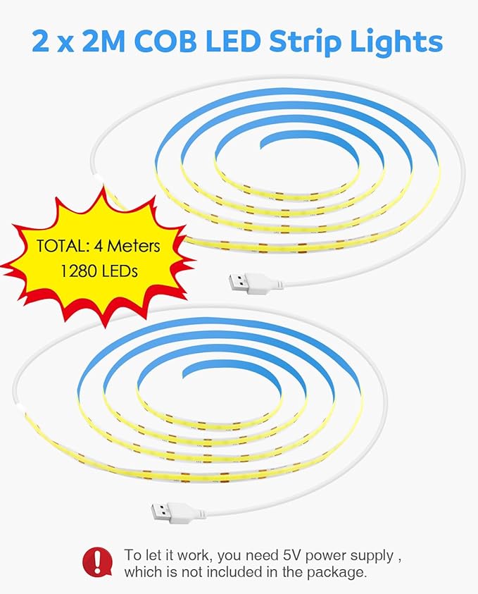 Aclorol 5V COB LED Strip Lights 6000K Cold White USB LED Strip Lights for Bedroom 8mm Width High Density 320LEDs/M Bright for TV Monitor Backlights Under Cabinet Counter Display Case CRI90+ (2 Pack)