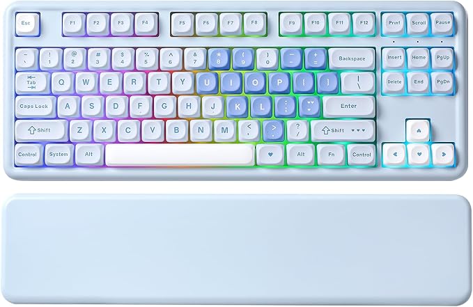 YUNZII B87 Wireless Mechanical Keyboard,QMK/VIA Programmable,TKL Layout 87 Keys,BT/2.4G/USB-C,Hot Swap Gasket Mount RGB Backlit Gaming with Wrist Rest for Win/Mac (Blue Heart, Milk V2)