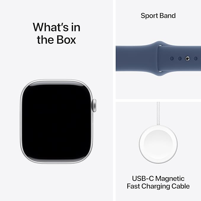 Apple Watch Series 10 [GPS 46mm case] Smartwatch with Silver Aluminum Case with Denim Sport Band - M/L. Fitness Tracker, ECG App, Always-On Retina Display, Water Resistant