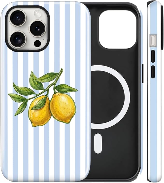 Magnetic for iPhone 15 Pro Case Cute Lemon Stripes Phone Case, Shockproof Slim TPU and Hard PC Protective Phone Cover Compatible with MagSafe Designed for Women Girls, Blue