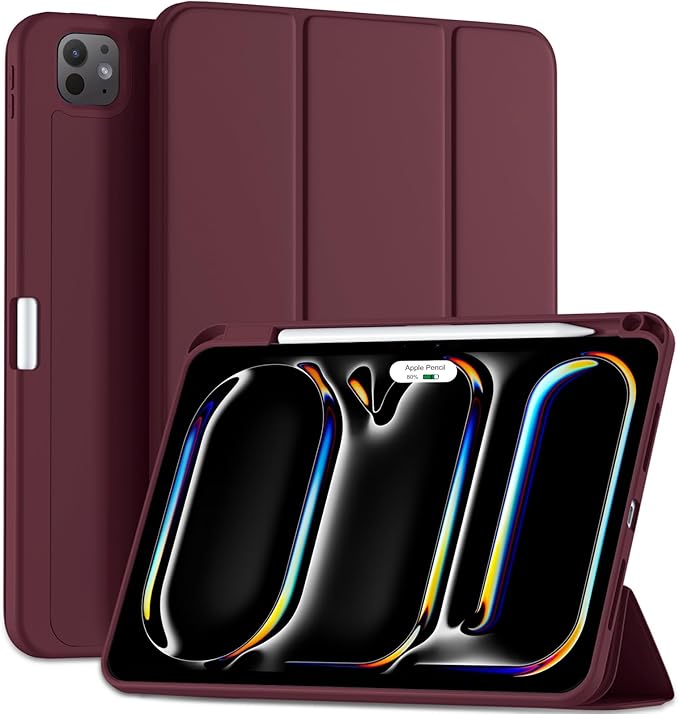 Kidopire New Compatible with iPad Pro 11 Inch Case (M4 2024/M5 2025) with Pencil Holder, Smart Cover with Protective Trifold Stand & Soft TPU Back, Auto Wake/Sleep, Support Pencil Pro, Wine Red