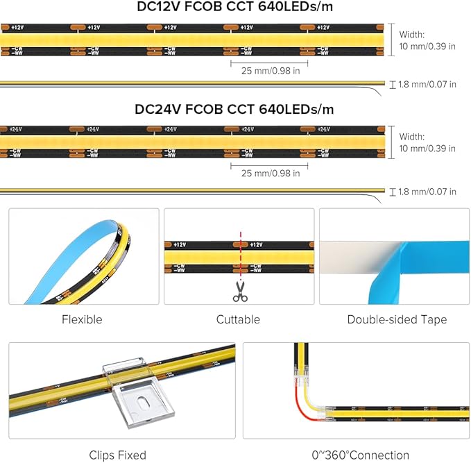 BTF-LIGHTING FCOB CCT COB LED Strip Tunable 2700K-6500K DC24V 9.8FT 640LED/m CRI 90+ Flexible High Density Dimmable LED Light Black PCB for Bedroom Indoor Decor(No Adapter or Controller)