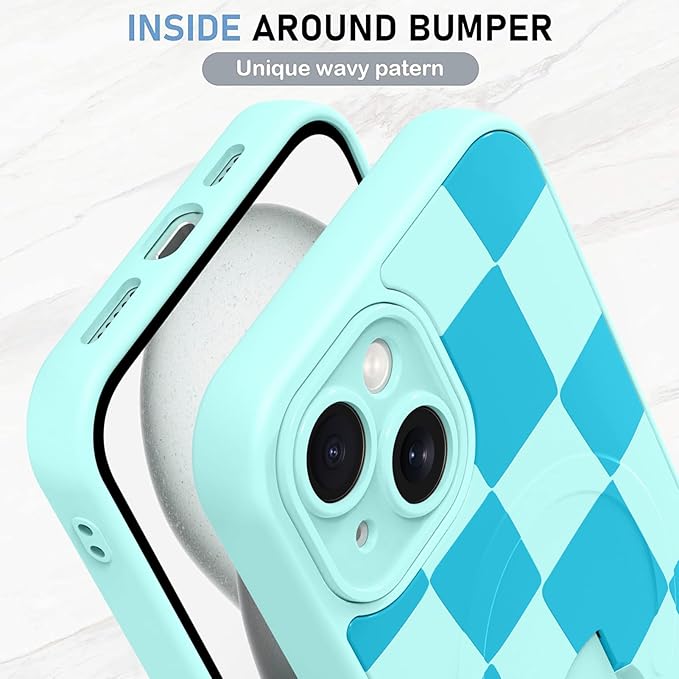 KANGHAR Compatible with iPhone 15 Case, Support for MagSafe, Silicone Checkered Cute Pattern, Wristband Kickstand Camera Protection Soft Slim Cover for Girls Women -Blue