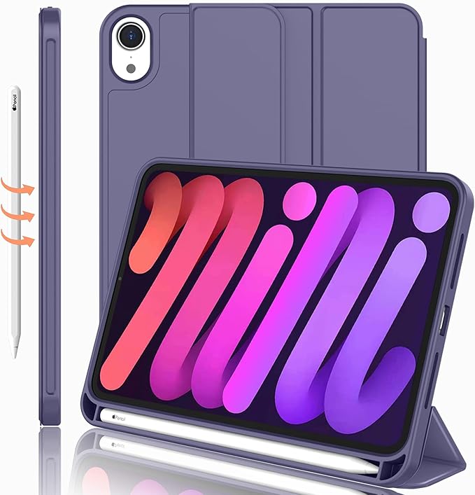iMieet iPad mini 7 Case 2024 (A17 Pro), iPad mini 6 Case (8.3-Inch,2021 Model), iPad mini 7th/6th Generation Case with Pencil Holder, Trifold Stand Smart Case with Soft TPU Back,Lavender