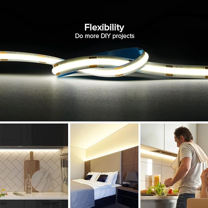 COB LED Strip Ligth 16.4FT DC12V 4000K Natrual White Flexible High Density Uniform Bright COB Strips 480LEDs/m Dimmable LED Light for DIY Kitchen Bedroom Home Decor, No Power/Controller