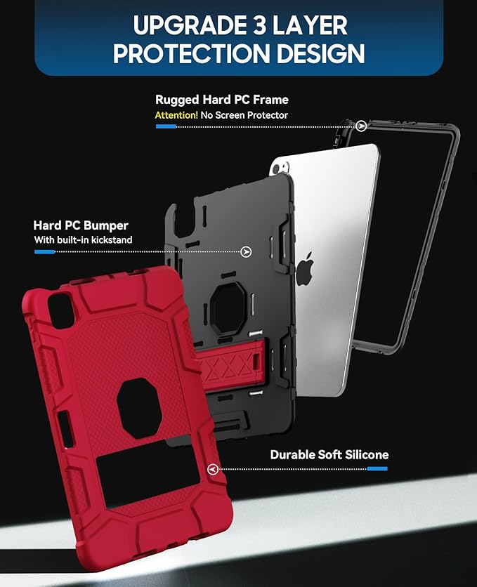 Case for iPad Pro 11 inch Case 2024 (M4), iPad 11 Pro C ase with Pencil Holder, Built-in Stand Shockproof Rugged Protective Cover for iPad Pro 11 inch 5th Gen (Red)