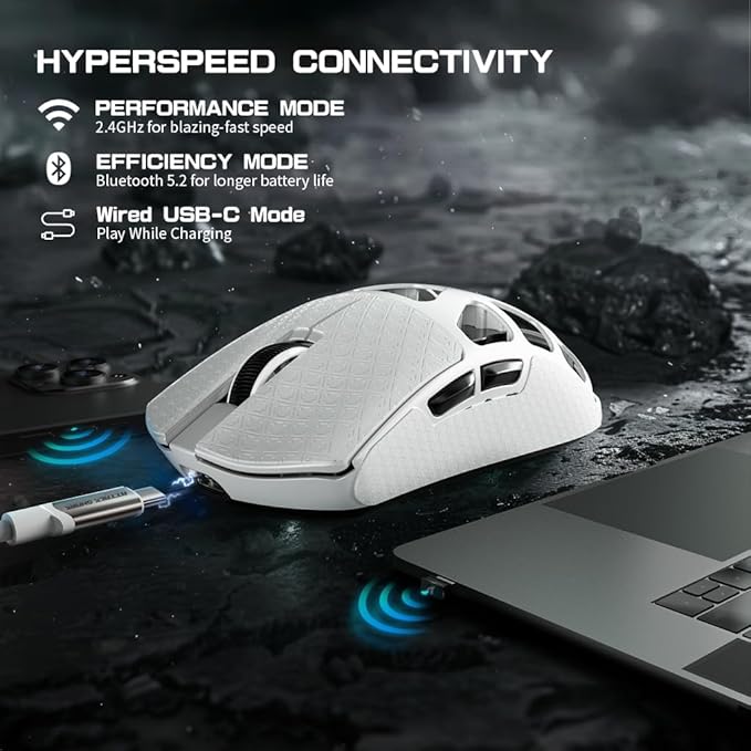 FELICON x Attack Shark R3 Magnesium Alloy Wireless Gaming Mouse, 46g Ultra-Lightweight Skeletal Shell, PAW3395 26K DPI, 8K Polling, Tri-Mode 2.4G/BT/Wired, for PC Mac Laptop - White & Griptape