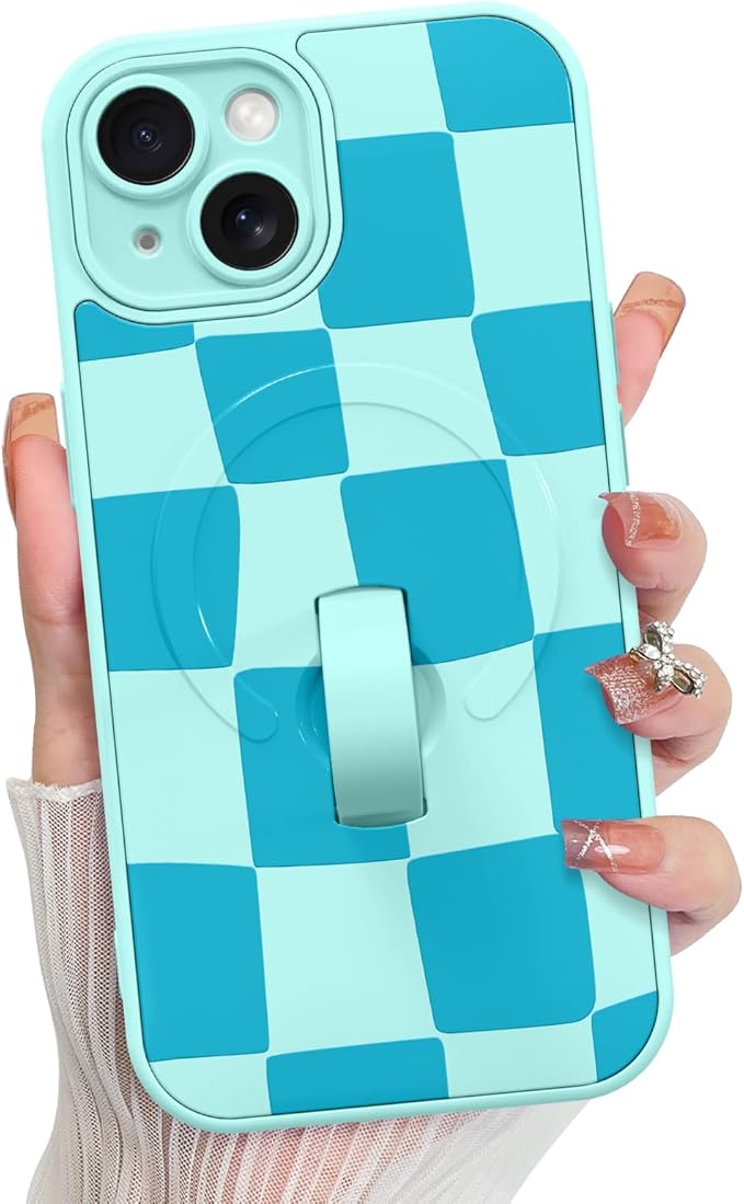 KANGHAR Compatible with iPhone 15 Case, Support for MagSafe, Silicone Checkered Cute Pattern, Wristband Kickstand Camera Protection Soft Slim Cover for Girls Women -Blue