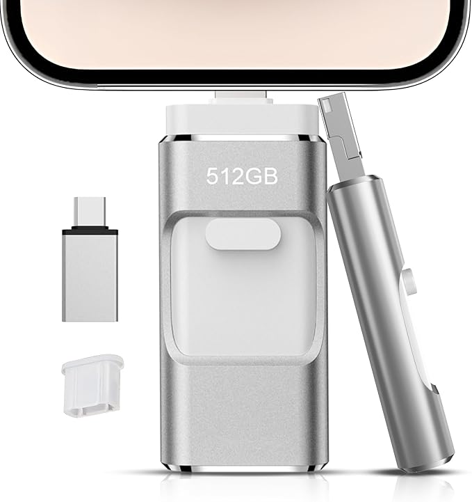 512GB Flash Drive[No App Required] Intended for Phone Tablet Androidphone and Computers, 4 in 1 Photo Stick for Phone Memory Storage Easily Backup Photos Videos（Silver）