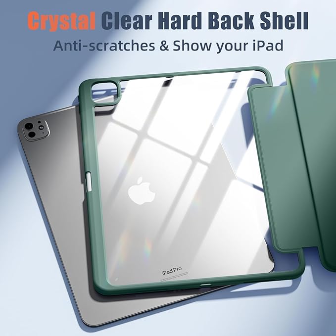 New Compatible with iPad Pro 13 inch Case M5 2025/M4 2024 with Built-in Pencil Holder, Kidopire for iPad Pro 13 Case with Hard Clear Back Shell, Support Pencil Pro, Auto Wake/Sleep, Pine Green