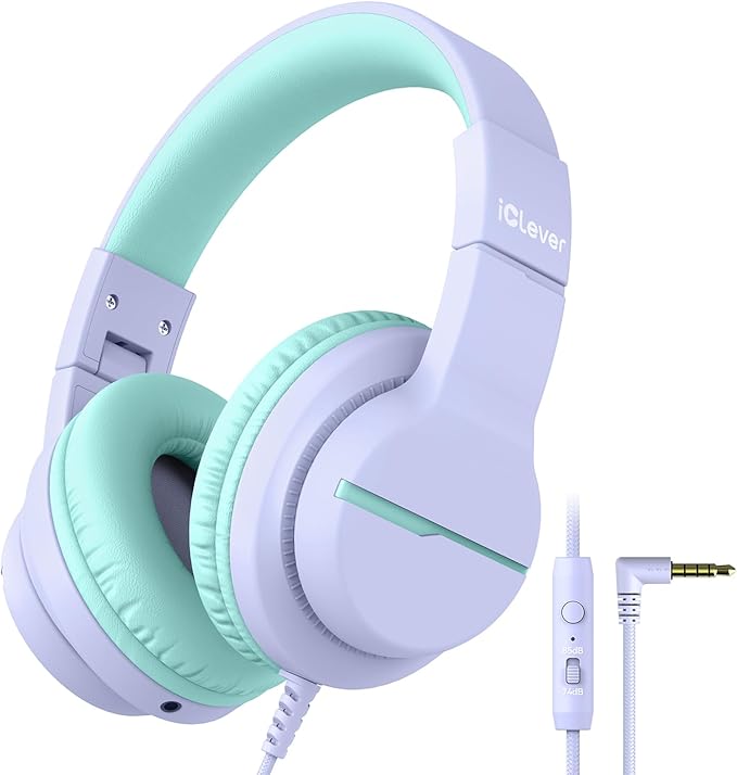 iClever HS19 Kids Headphones for School with Microphone, Safe Volume Limiter 74/85dBA, Over-Ear Girls Boys Headphones for Kids with FunShare Foldable Wired for iPad/Travel (Purple)