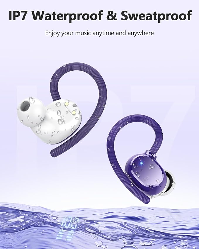 Wireless Earbuds, 128Hrs Bluetooth 5.3 Headphones Sport, Bluetooth Earbuds with ENC Noise Canceling Mic, Bass Stereo Wireless Earphones, IP7 Waterproof Over Ear Buds with Earhooks for Gym/Running