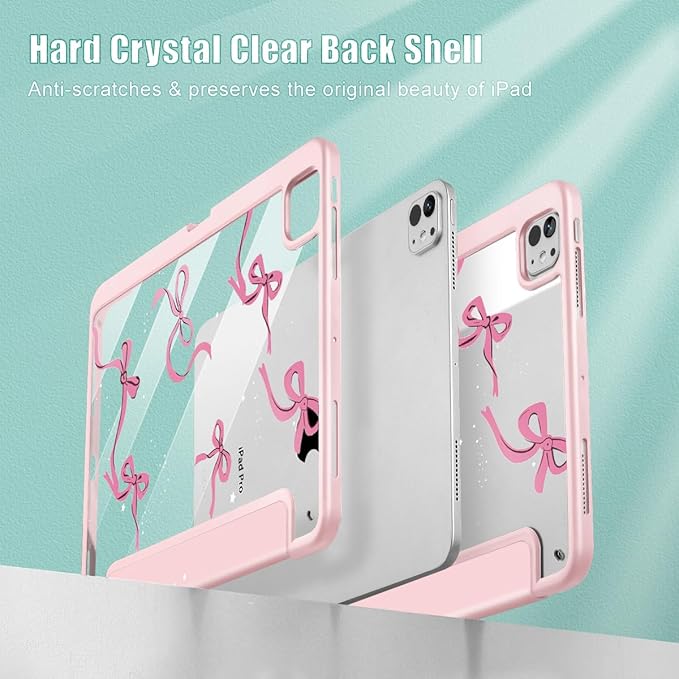 May Chen Case for iPad Pro 11-Inch M5/M4 2025/2024 (6th/5th Generation), Clear Transparent Print Back Shell Slim Stand Shockproof Tablet Cover, Auto Wake/Sleep, Pink Bows