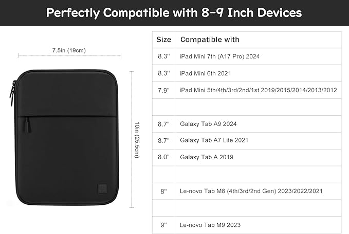 Dadanism 8-9 Inch Tablet Sleeve Padded Carrying Case for iPad mini 7th/6th 8.3", iPad mini 5/4/3/2/1 7.9", Remarkable Paper Pro Move 7.3" 2025, Galaxy Tab A9/A7 Lite 8.7", Tab M8 8", Tab M9 9", Black