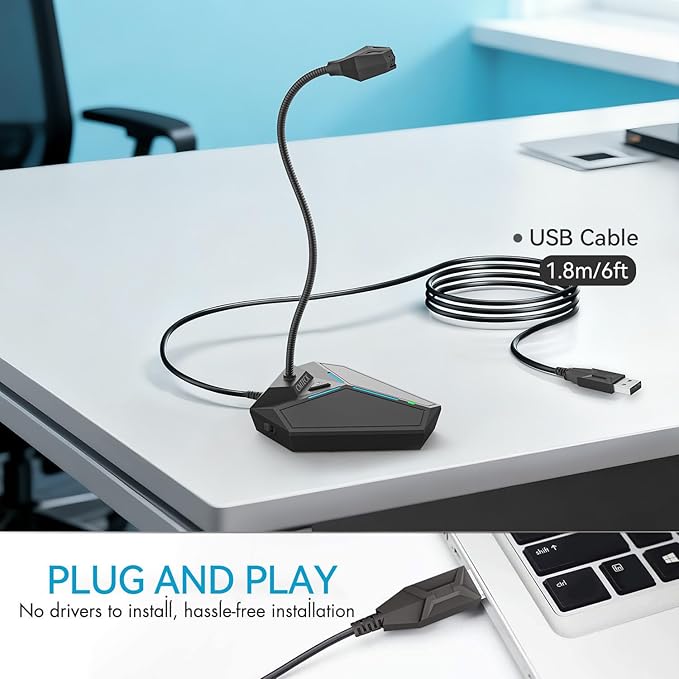 USB Computer Microphone, Plug &Play Desktop Omnidirectional Condenser PC Laptop Mic, Mute Button with LED Indicator, Compatible with Windows/Mac, Ideal for YouTube, Skype, Recording, Games(1.8m /6ft)