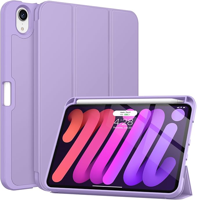 Soke Case for iPad mini 7(A17 Pro) 2024/iPad Mini 6 2021 8.3 inch with Pencil Holder-[Pencil Charging + Auto Wake/Sleep], Soft TPU Back Cover for iPad mini 7th/6th Generation(Lilac)