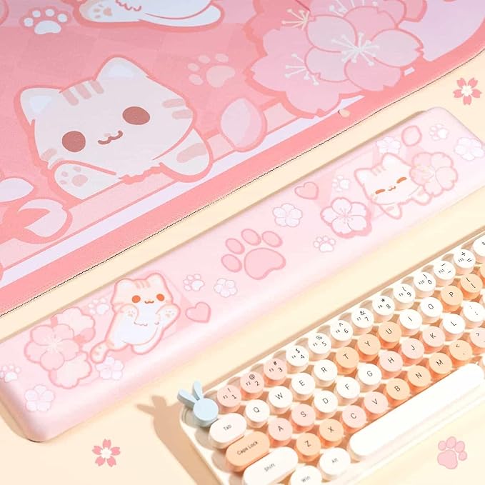 BelugaDesign Sakura Cat Desk Pad | NS Switch Keyboard Laptop Gaming Setup Accessories Mat Large Mat Mousepad | Pastel Pink Bunny Kawaii Cute Anime Desk Mat Blotter Protector with Gel Wrist Support