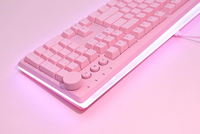 i-rocks K71M RGB Mechanical Gaming Keyboard with Media Control Knob, Switches (Blue), 107 Keys w/Full NKRO, PBT Keycaps, Multimedia Hotkeys, Detachable USB-C Cable and Onboard Storage, Pink