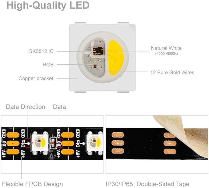 BTF-LIGHTING RGBW RGB+Natural White SK6812 (Similar WS2812B) 4 Colors in 1 LED Strip Individually Addressable 16.4ft 60Pixel/m 300LED Light Dream Color IP67 DC5V White PCB (No Adapter or Controller)
